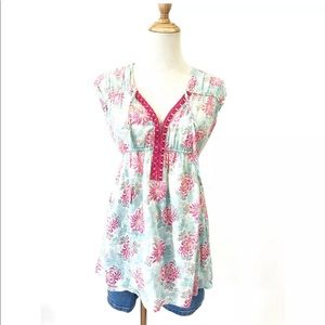 Free People Rare Blue Tunic with Pink Flowers Size S.